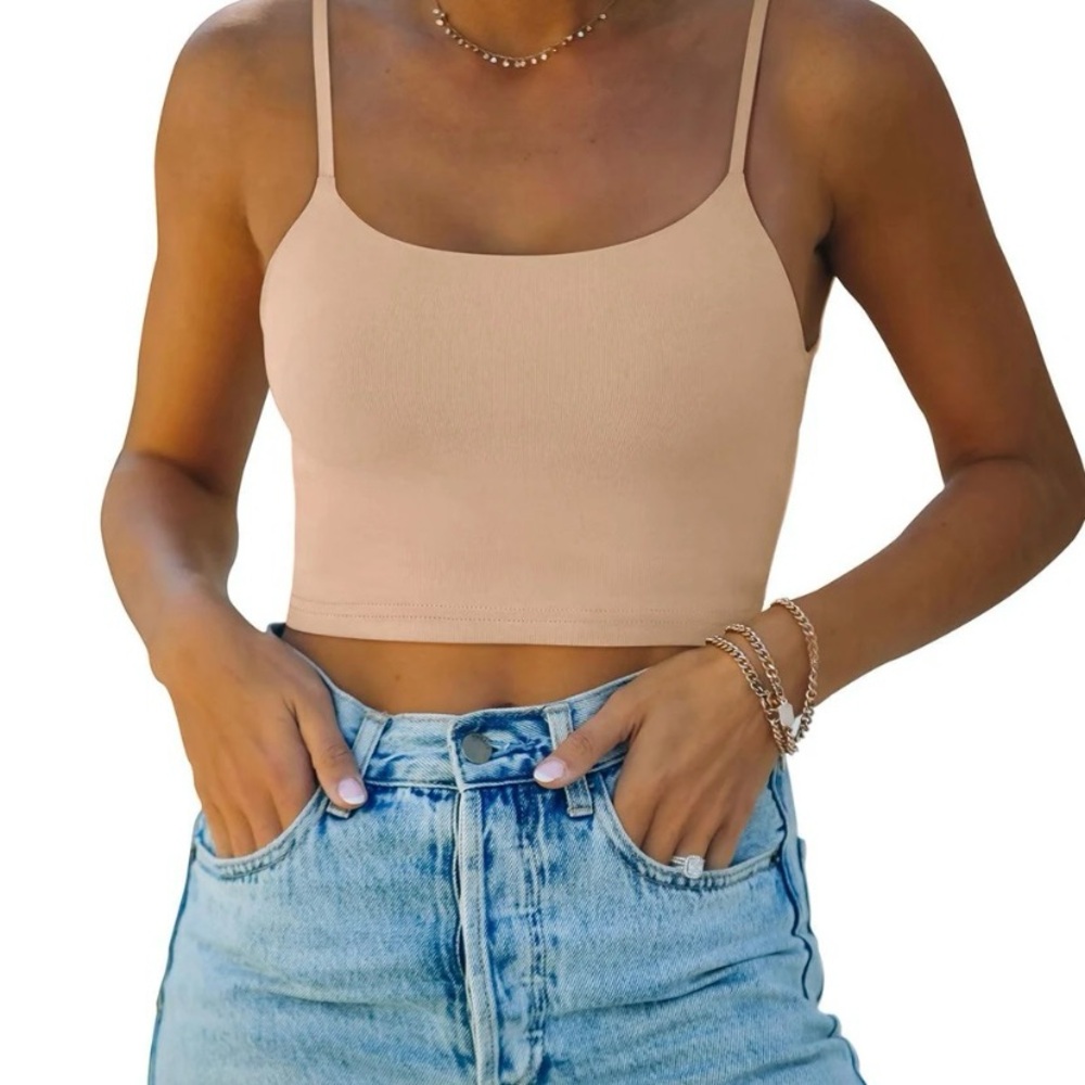 REORIA Adjustable Spaghetti Strap Seamless Camisole Beige Crop Top Small